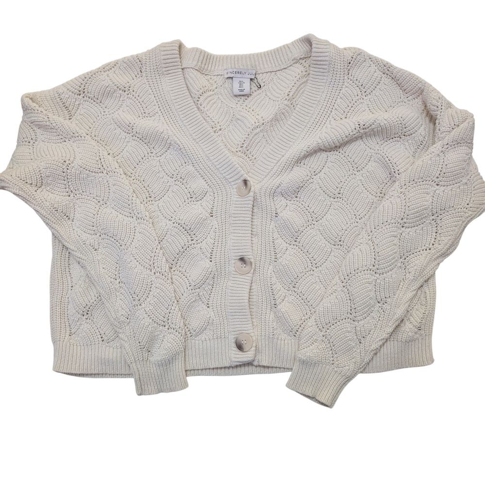 Sincerely Jules Womens V-Neck Cardigan Sweater Large Cream Textured Open Knit